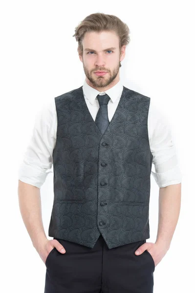 Elegante hombre de negocios barbudo en chaleco aislado en blanco — Foto de Stock