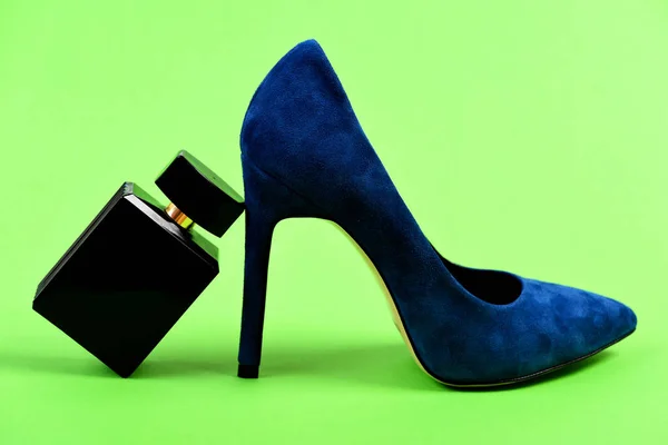 Fancy suède vrouwelijke schoenen en accessoires. Hoge hak schoenen — Stockfoto