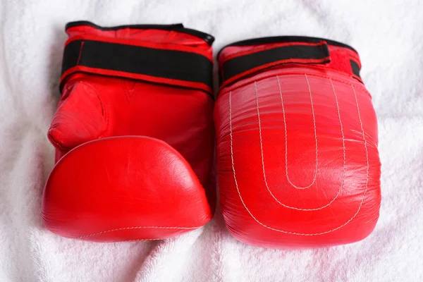 Deri üzerinde beyaz terli havlu iki kırmızı eldiven