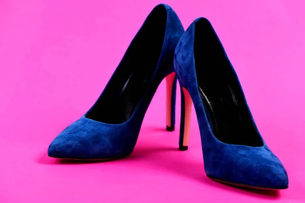 Pair of formal suede female shoes, closeup. Shoes in blue — Stock Photo, Image