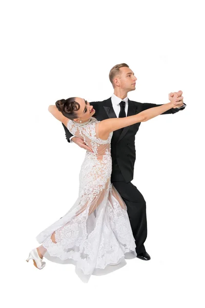 Ballrom dance couple in a dance pose isolated on white bachground — Stock Photo, Image
