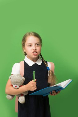 Öğrenci kitap, işaret ve oyuncak ayı tutar. Örgü kız