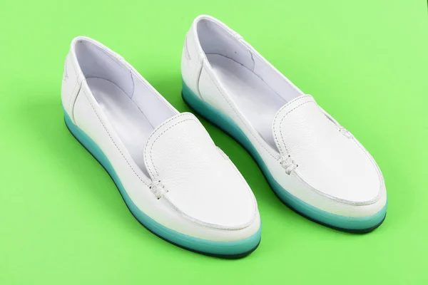 Moccasins for women in white color. Pair of female shoes — Stock Photo, Image