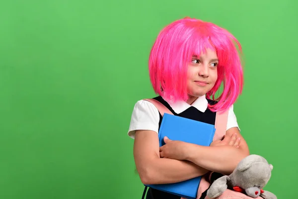 Back to school concept. Pupil in school uniform with wig — Stock Photo, Image