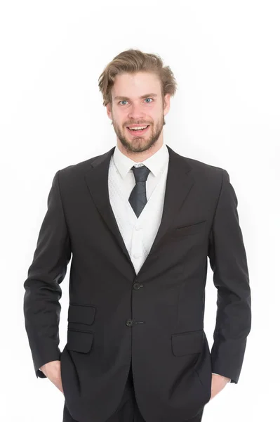 Homem de negócios em roupa formal preto com rosto feliz — Fotografia de Stock