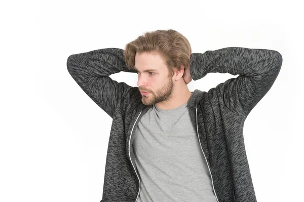 Man with beard on face in grey sportswear — Stock Photo, Image