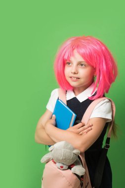 Sırt çantası, kitap ve oyuncak kız. Geri okul kavramı