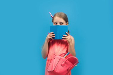 Mavi arka planda izole edilmiş örgülü gözbebeği. Okula geri dön.