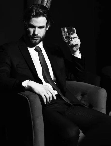 Γενειοφόρος άνδρας, επιχειρηματίας κρατώντας ένα ποτήρι ουίσκι σε κόκκινη καρέκλα — Φωτογραφία Αρχείου
