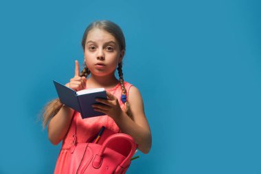 Örgü örgülü öğrenci, mavi arkaplanda kopya alanı ile izole edilmiş