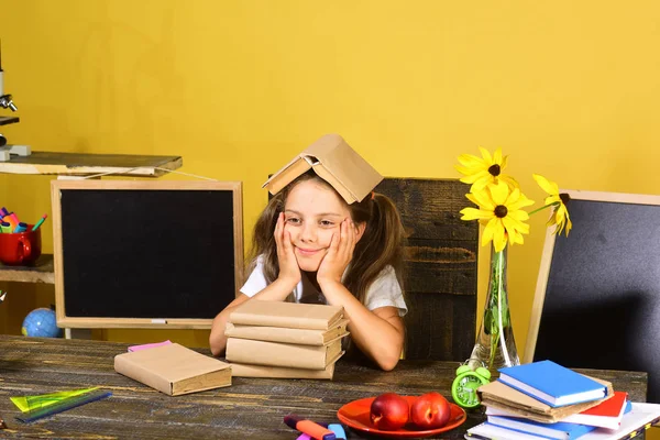 Το κορίτσι που κάθεται στο γραφείο με βιβλία, λουλούδια και πολύχρωμα χαρτικά — Φωτογραφία Αρχείου