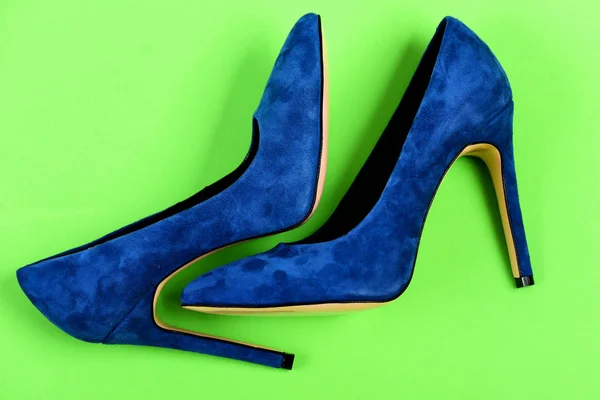 Обувь тёмно-синего цвета. Пара замшевых женских туфель — стоковое фото