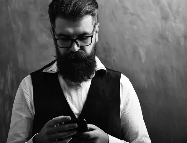 Bearded man, brutal caucasian hipster with moustache in glasses — Stock Photo, Image