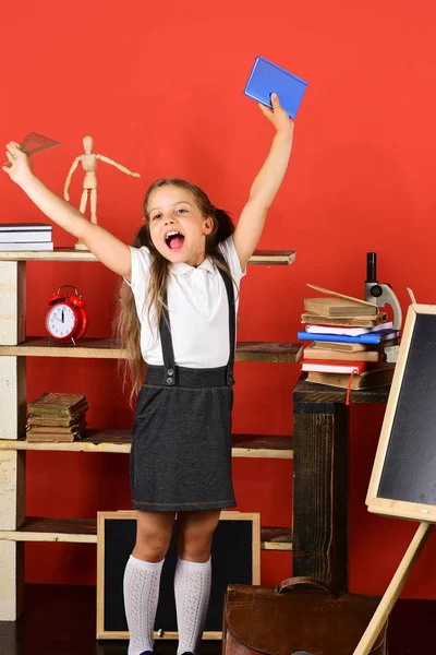 De volta ao conceito de escola e educação. Menina segura livro — Fotografia de Stock