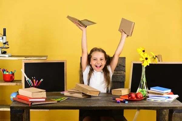 Infancia y vuelta al concepto escolar. Chica se sienta en el escritorio — Foto de Stock