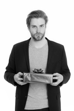 yakışıklı işadamı mavi hediye kutusu holding