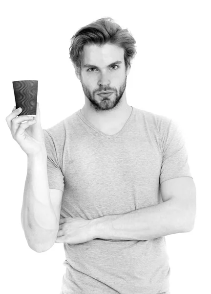 Man drink from takeaway coffee or tea cup — Stock Photo, Image