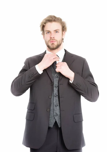 Fekete hivatalos ruhát, komoly arccal üzletember — Stock Fotó