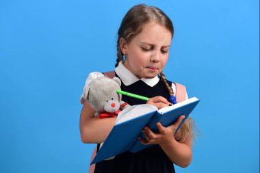 Okul üniformalı, örgülü bir öğrenci. Kız oyuncak ayıyı tutuyor.