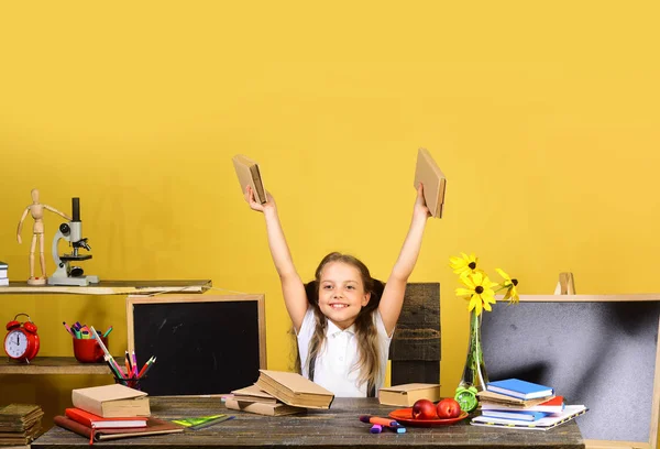 Menina senta-se na mesa com livros, flores e artigos de papelaria coloridos — Fotografia de Stock