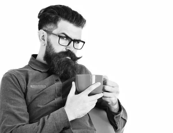 Skäggig man, brutal kaukasisk hipster med mustasch med orange mugg — Stockfoto