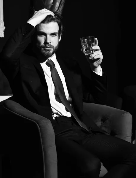 Brodaty mężczyzna, biznesmen trzymający szklankę whisky na czerwonym krześle — Zdjęcie stockowe