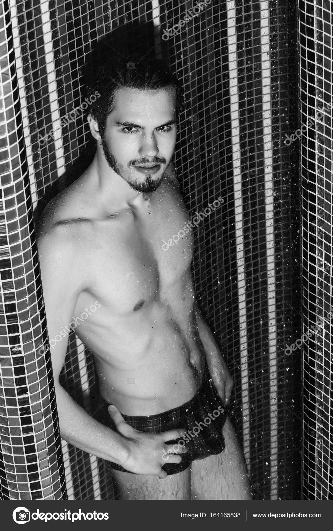 Handsome Muscular Sexy Man Washes In Shower Stock Photo Handsome Muscular Sexy Man Washes In Shower Stock Photo