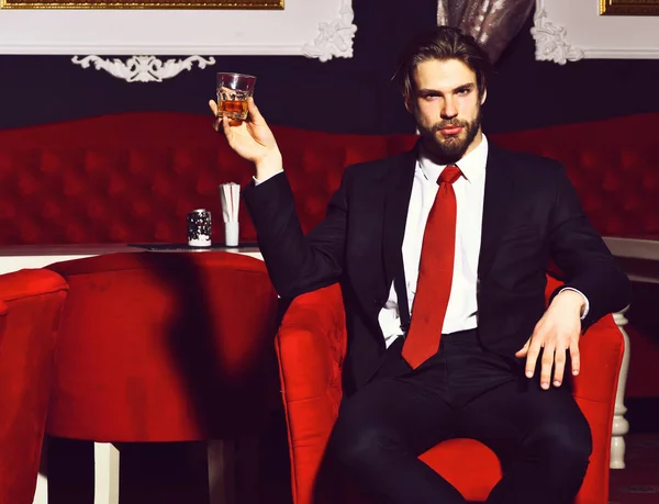 Homem barbudo, homem de negócios segurando copo de uísque na cadeira vermelha — Fotografia de Stock