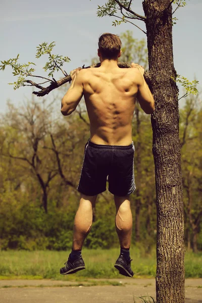 鮮やかな背中の筋肉と運動の人間によってプルアップ — ストック写真