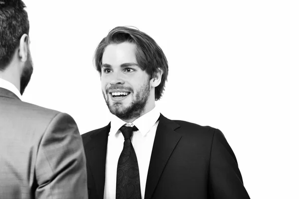 Boss and employee, happy men in jacket speaking at meeting — Stock Photo, Image