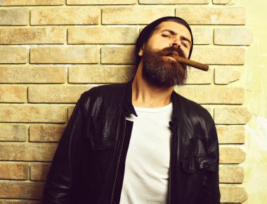 Sakallı vahşi Kafkas hippisi puro içiyor.