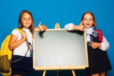Çocuklar büyük okul, kopya alanı tutun. Gülümseyen yüzler ile kız öğrenciler