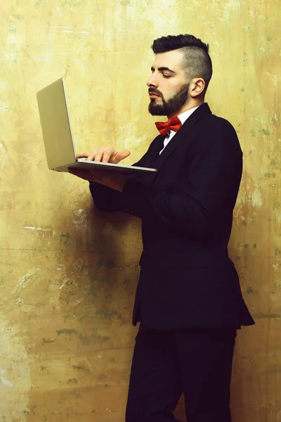 수염을 기르고 멋진 양복을 입은 모범적 인 사업가는 노트북으로 일한다 — 스톡 사진
