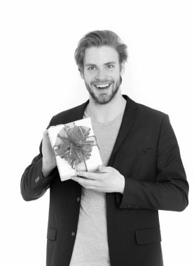 adam, işadamı veya mevcut kutusunda kırmızı kurdele ile adam