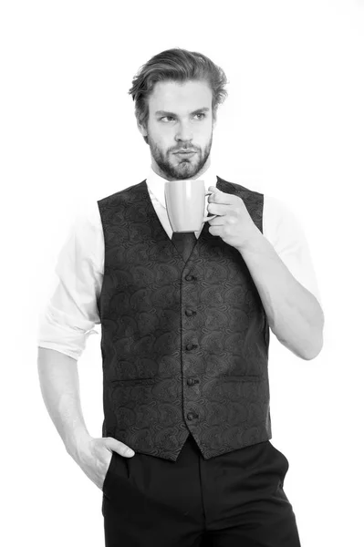 Skäggig man, allvarliga gentleman dricka te eller kaffe från cup — Stockfoto
