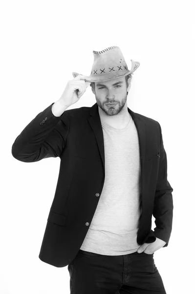 Cowboy kalappal a kezében, a boldog üzletember öltöny zakó — Stock Fotó