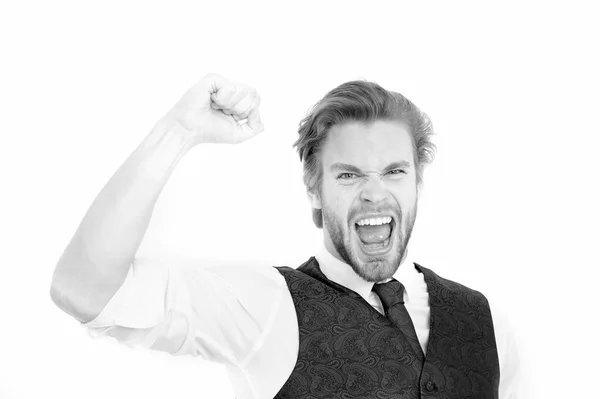 Hombre barbudo exitoso o caballero feliz en chaleco y corbata — Foto de Stock