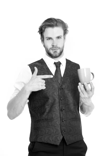 Homem elegante em colete com uma xícara de café — Fotografia de Stock