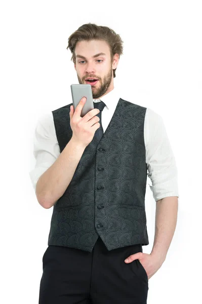 Empresário com telefone em roupa isolada no fundo branco . — Fotografia de Stock