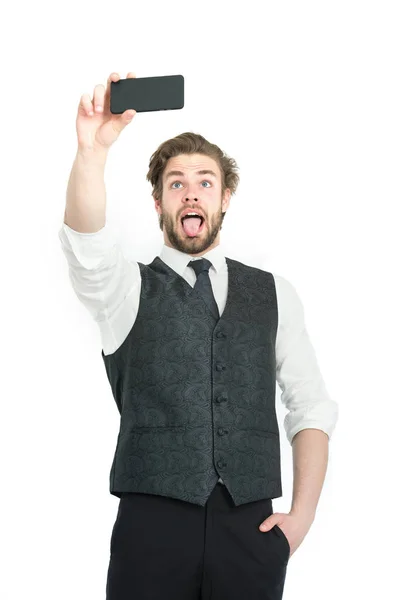 Empresário com telefone em roupa isolada no fundo branco — Fotografia de Stock