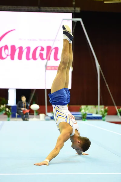 Αρσενικό gymnast εκτελεί κατά τη διάρκεια του διαγωνισμού — Φωτογραφία Αρχείου