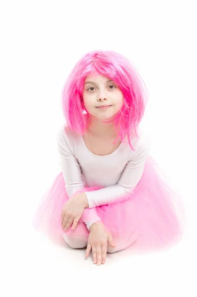 Childhood and happiness. Child in wig isolated on white background. Small girl t in pink skirt. ballet and art. beauty and fashion. — Stock Photo, Image