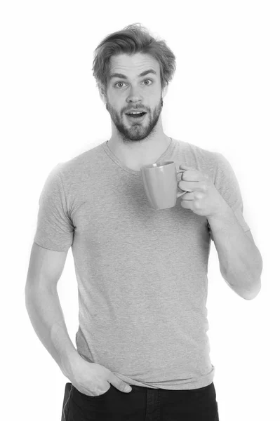 Man or surprised guy drink from coffee or tea cup — Stock Photo, Image