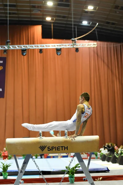 Αρσενικό gymnast εκτελεί σε άλογο λαβών ξίφους — Φωτογραφία Αρχείου