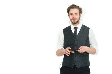 İşadamı ile cep telefonu kulaklık.