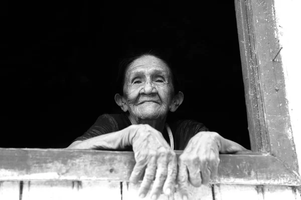 Mujer vieja sonriente en la ventana — Foto de Stock