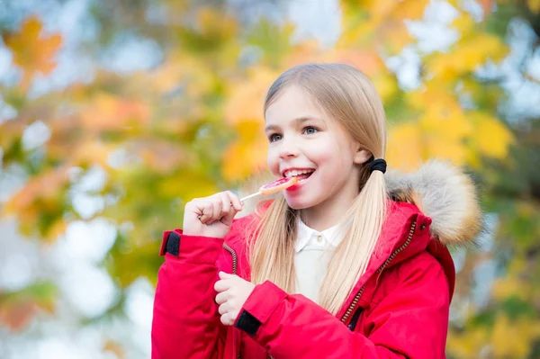 Enfant fille avec de longs cheveux blonds queue de cheval manger sucette — Photo