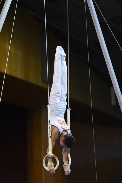 Mannelijke Turner uitvoeren op stationaire gymnastiek ringen — Stockfoto