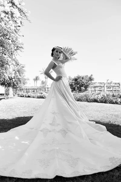 Mooie sensuele jonge brunette bruid in lange witte bruiloft dre — Stockfoto