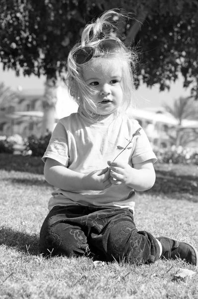 Klein jongetje met schattig gezicht op groen gras — Stockfoto